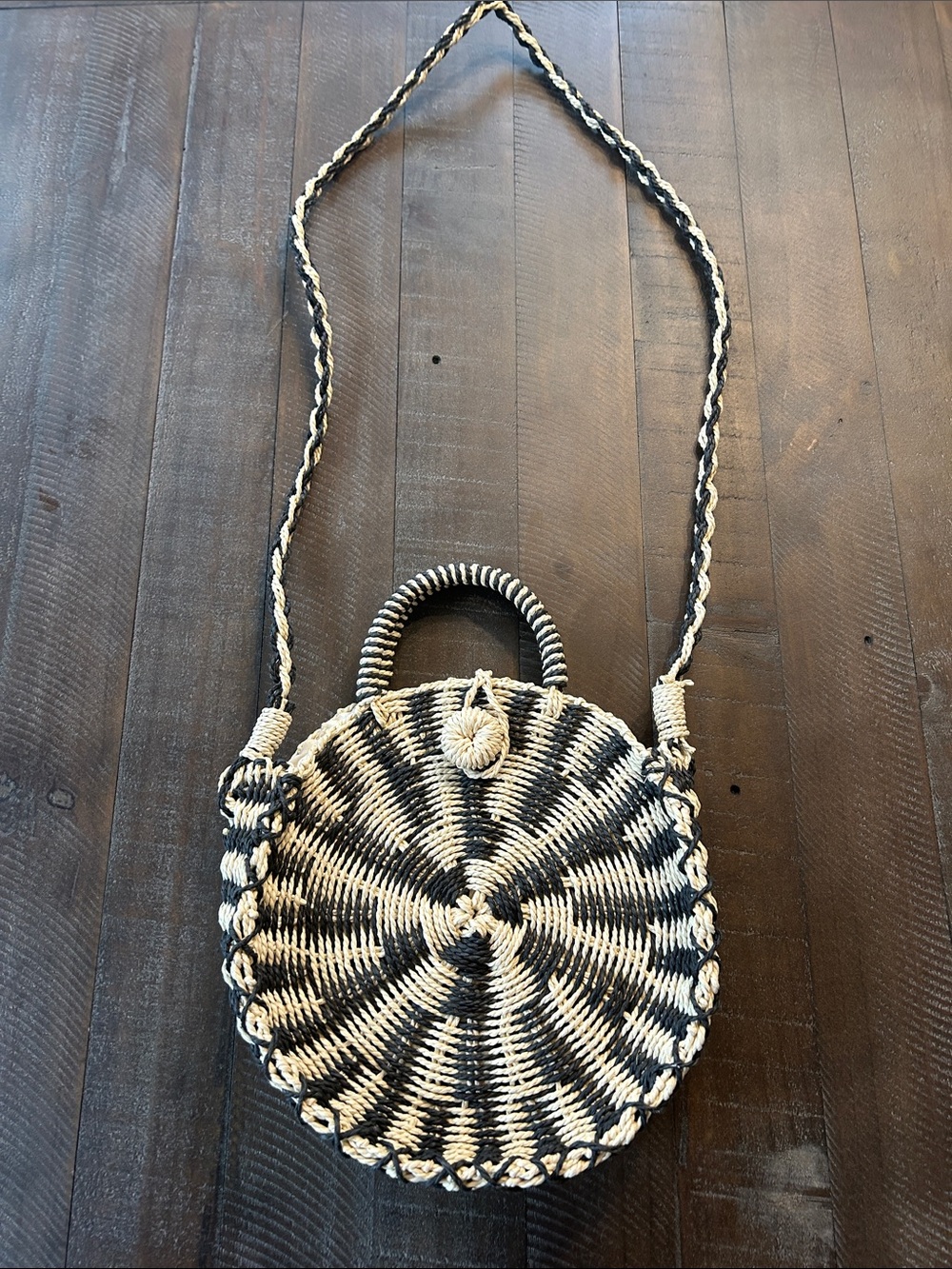 Street Level Black & Cream Round Woven Crossbody Bag